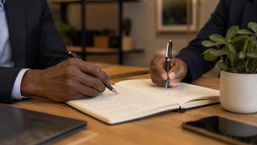Two professionals writing together at a desk - representing the collaborative work of EPASSA members advocating for their profession